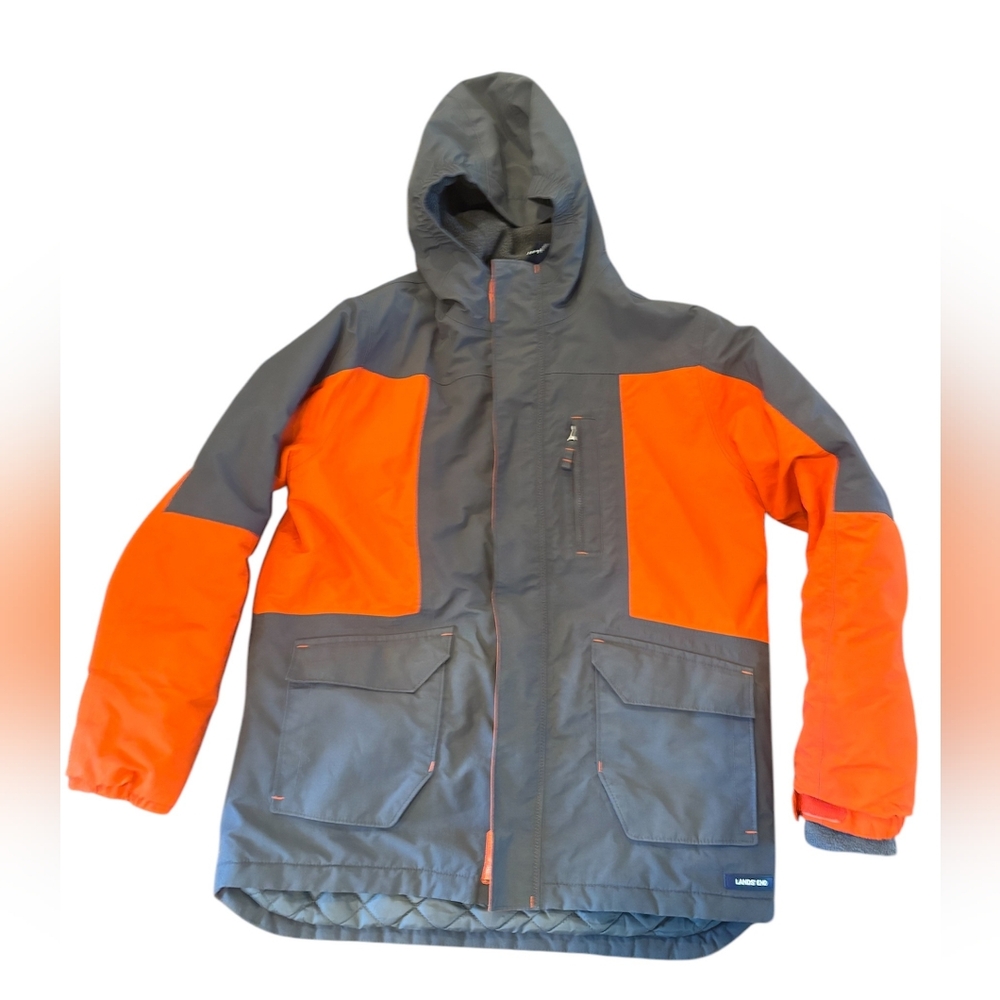 Lands' End Boys L Squall Waterproof Insulated Jacket Fleece Lined Orange Grey